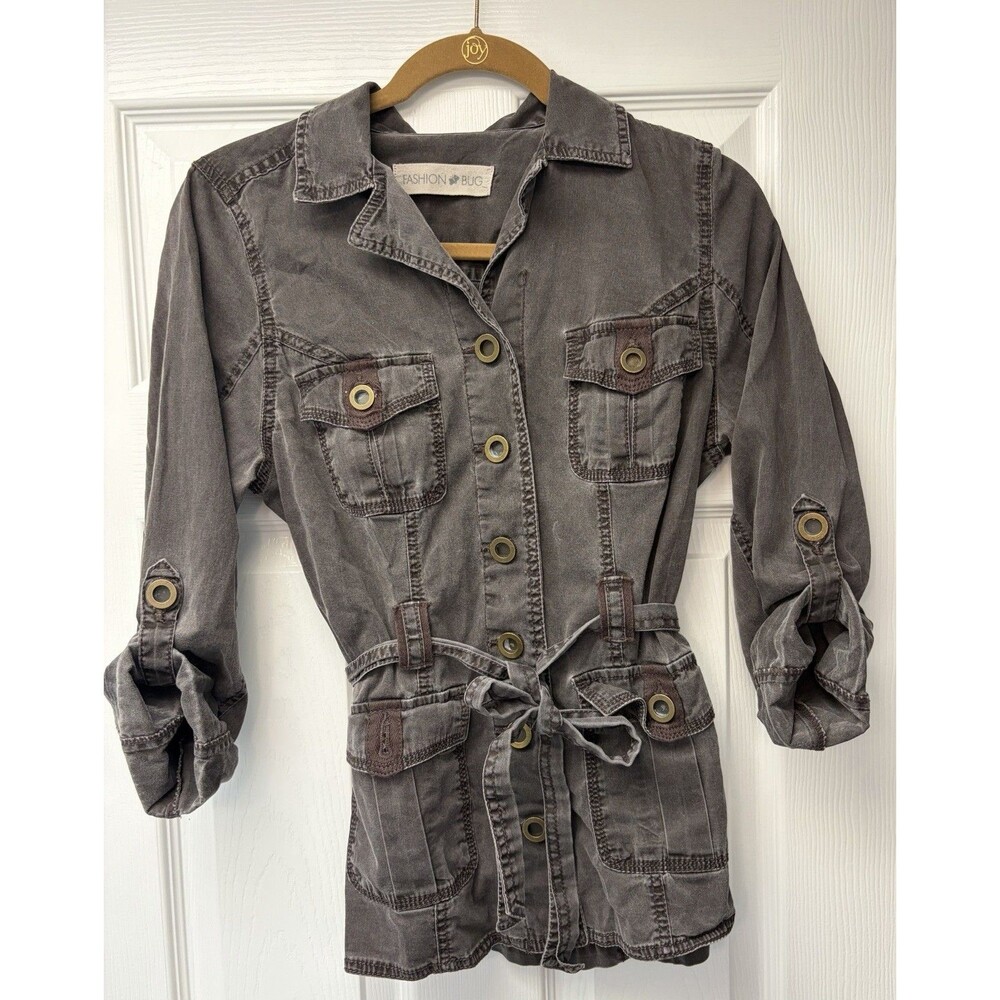 Vintage Fashion Bug Brown Military Style Tie Waist Jacket Size Lg Y2K Cotton
